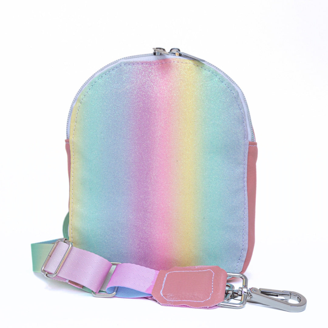 Front of Pastel Ombré Glitter Rainbow Mini Sling Bag with strap - Emma Easter Handcrafted