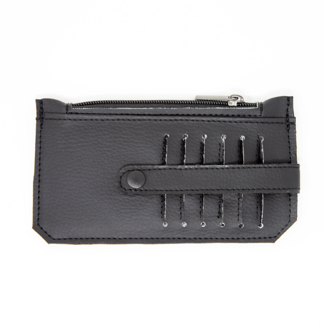 Front of black slim purse showing card slots