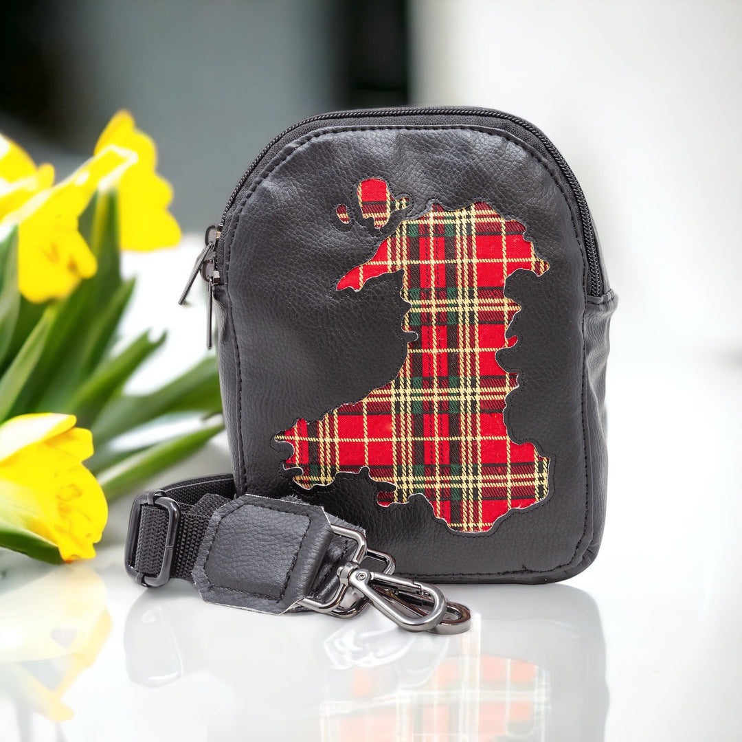 Black Strap with the Map of Wales Red Tartan Mini Sling Bag - Emma Easter Handcrafted