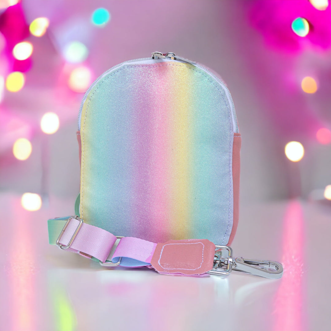 Front of Pastel Ombré Glitter Rainbow Mini Sling Bag on rainbow ombré bokeh background - Emma Easter Handcrafted