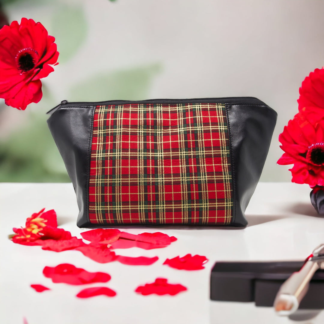 Red Tartan Makeup Bag with red floral arrangement and petals - Emma Easter Handcrafted