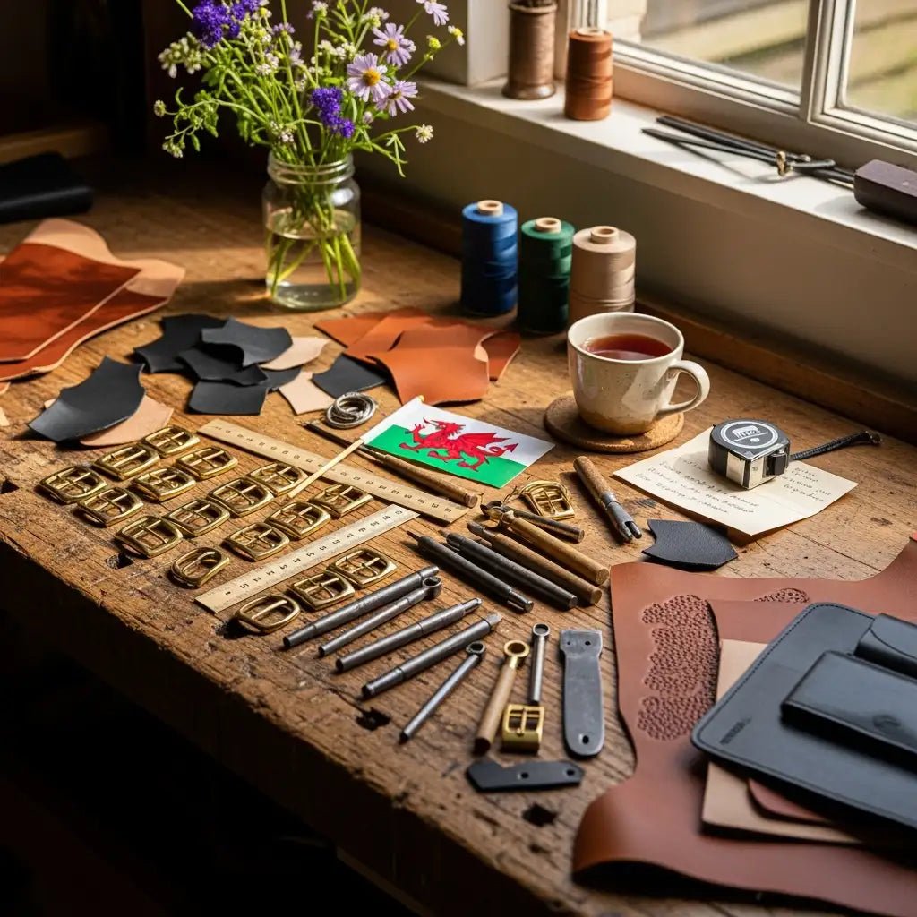 Welsh artisan leather crafting workspace with brass hardware, leather pieces, and Welsh flag - Emma Easter Handcrafted studio in Rhondda Valleys