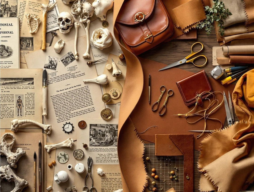 From bones to bags crafting journey - vintage leather working tools, skulls, and handmade leather accessories showcasing artisan bag making process