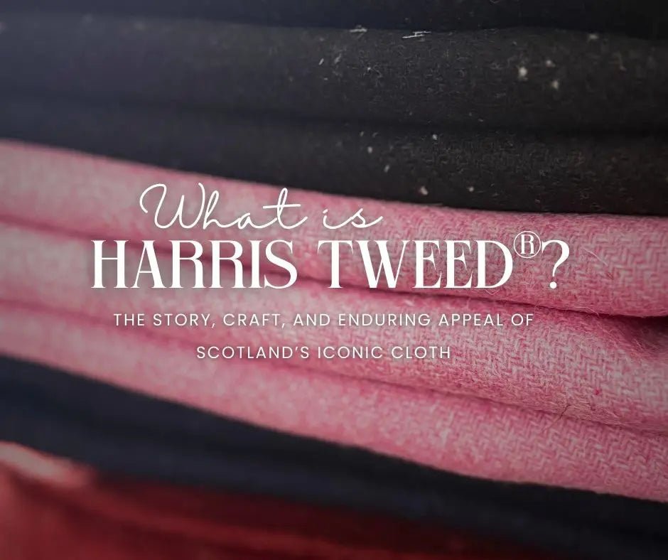 Folded pink and black Harris Tweed fabric with overlay text ‘What is Harris Tweed®? The story, craft, and enduring appeal of Scotland’s iconic cloth’, highlighting authentic Harris Tweed fabric made in the UK.