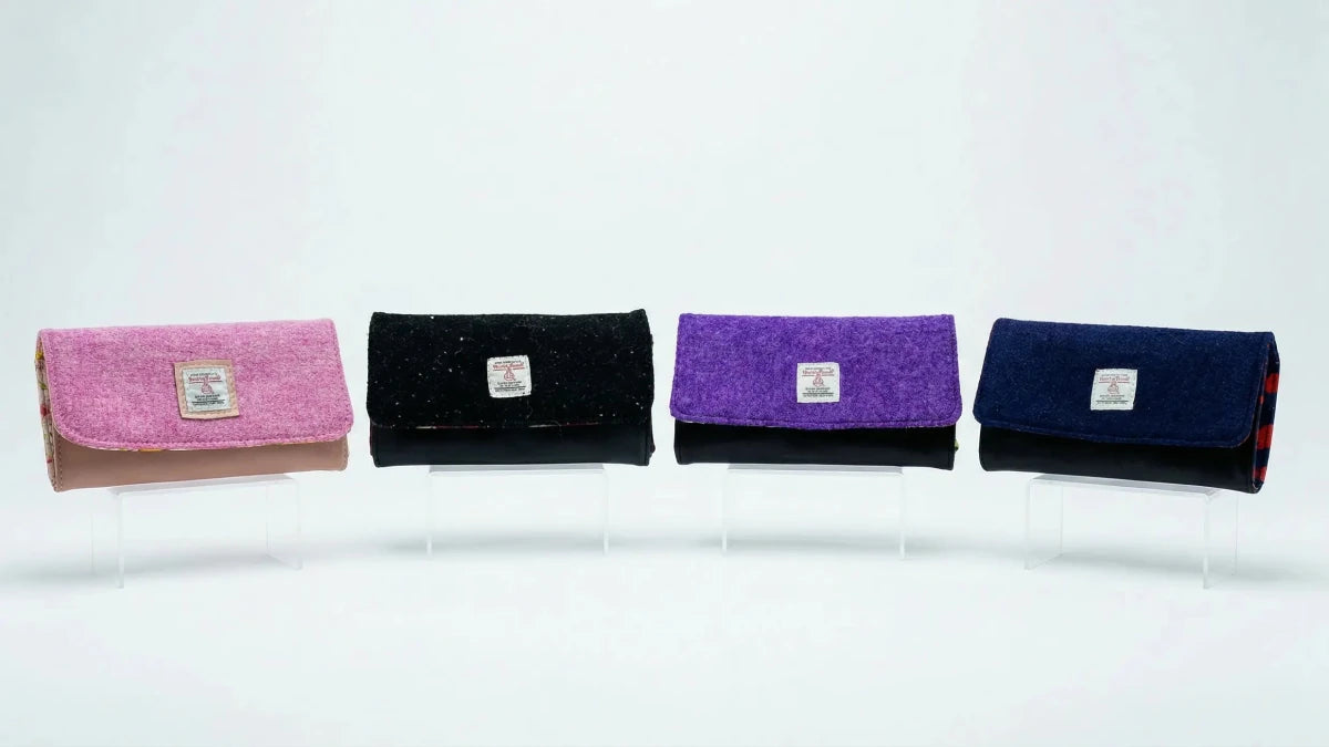 Emma Easter Handcrafted leather purse collection featuring multiple Harris Tweed® exterior flap colourways