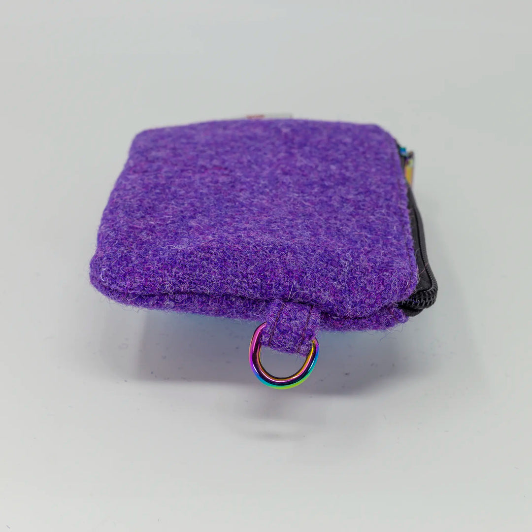 Aurora Purple Harris Tweed Coin Pouch Side D Ring View