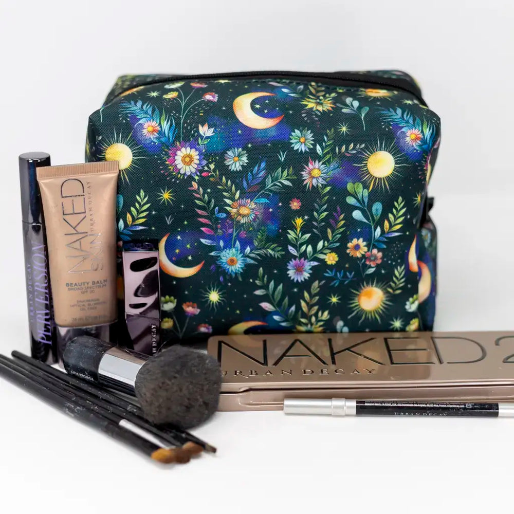 Celestial floral makeup bag with brushes and palettes – Emma Easter Handcrafted
