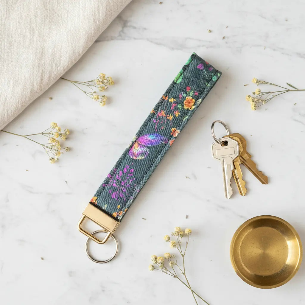 A fabric keyfob featuring a woodland-inspired floral and butterfly print with gold hardware, styled flat on a marble surface beside a set of keys, scattered dried flowers, a brass dish, and a soft cream linen cloth.