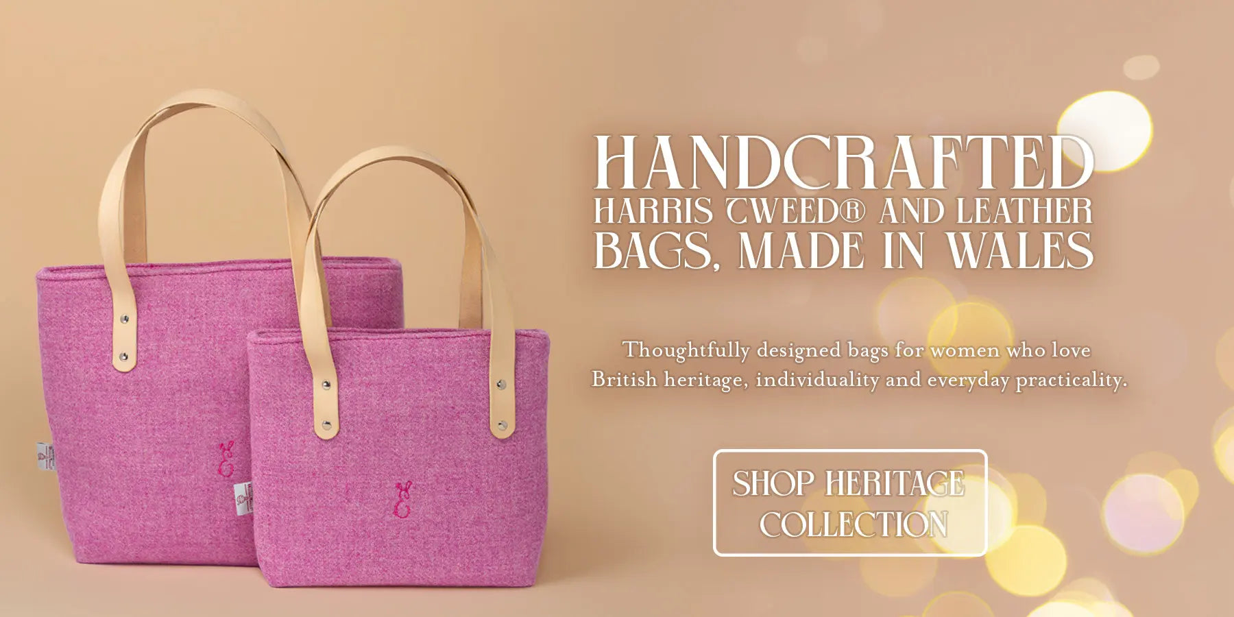 Two pink handbags with natural handles on a beige background, featuring text about handcrafted  Harris Tweed® and Leather bags made in Wales by Emma Easter Handcrafted.