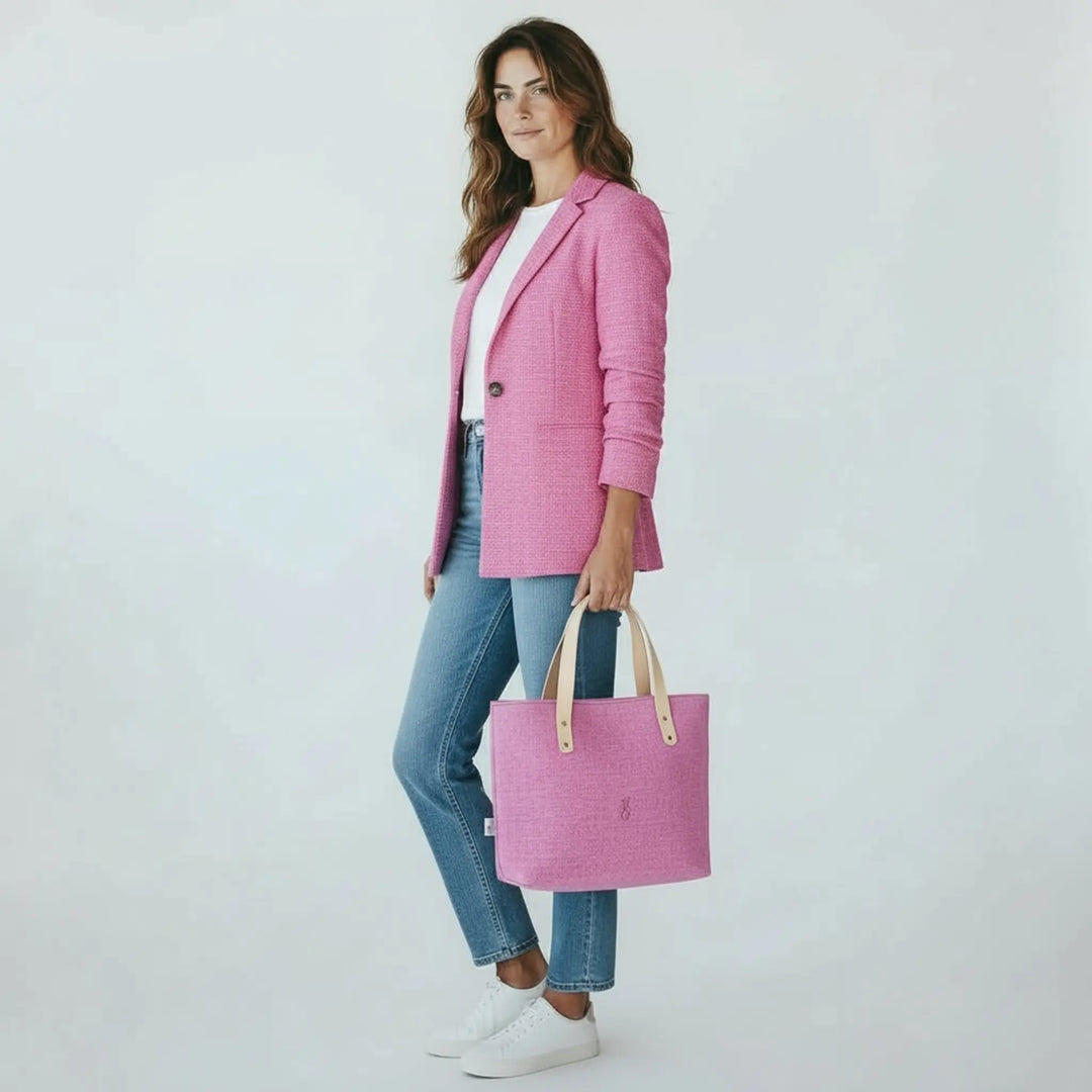 Woman standing in a white studio wearing jeans and a pink blazer, holding a large pink Harris Tweed® tote bag by her side