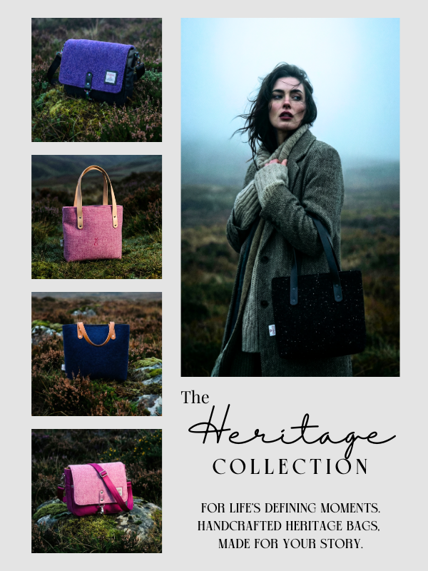 A collage featuring a woman in a misty landscape holding a black Harris Tweed® tote, alongside four close-up images of handcrafted Harris Tweed® bags in purple, pink, navy, and magenta. The Heritage Collection logo and the tagline, “For life’s defining moments. Handcrafted heritage bags, made for your story,” appear below.