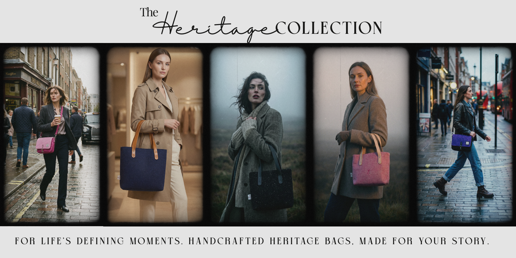 Five stylish women in city and countryside settings, each carrying a handcrafted Harris Tweed® bag from The Heritage Collection by Emma Easter Handcrafted. The banner headline reads, “For life’s defining moments. Handcrafted heritage bags, made for your story.”