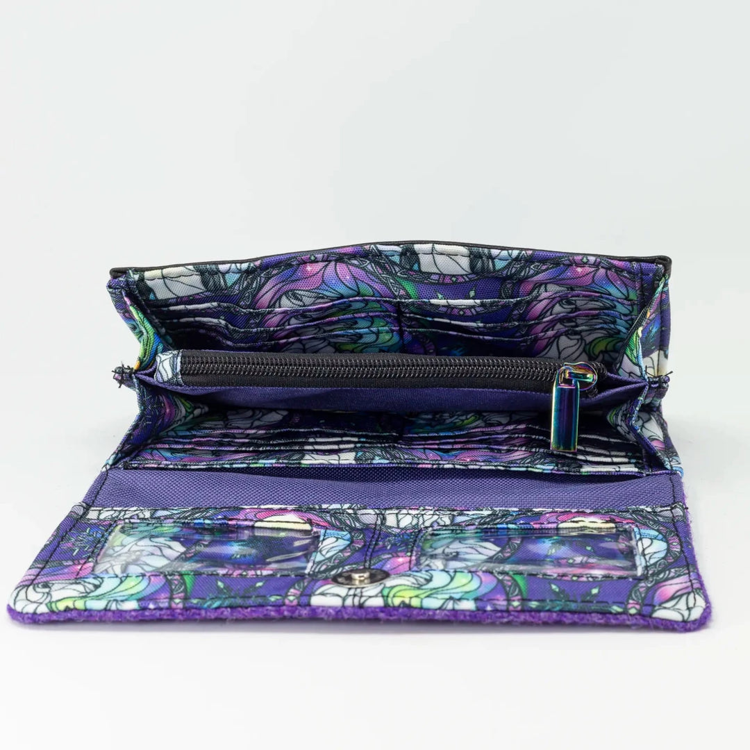 Interior of Aurora purse showing card slots, zipped coin pocket, and custom water-resistant lining