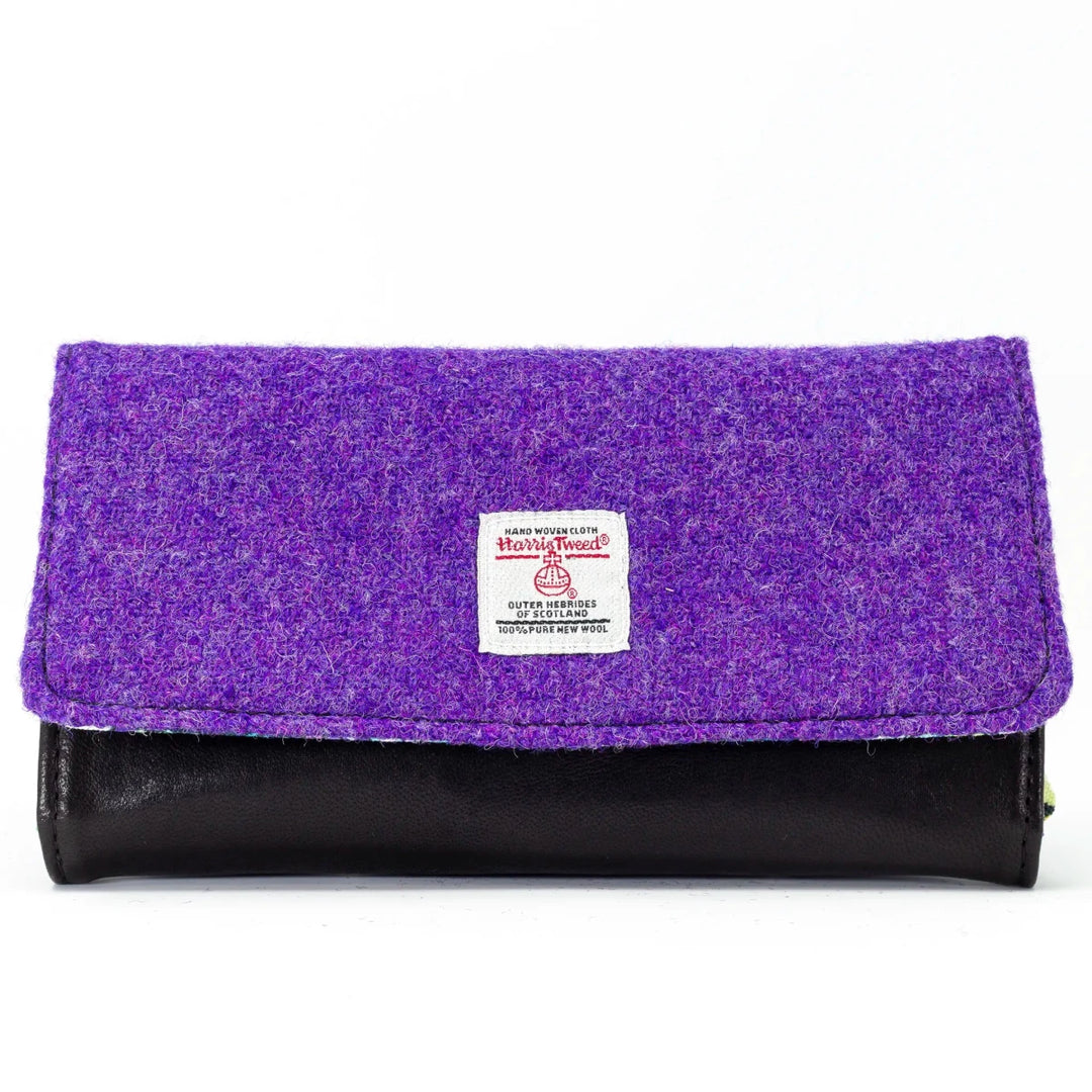 Aurora leather purse with authentic Harris Tweed® exterior flap, handcrafted in Wales
