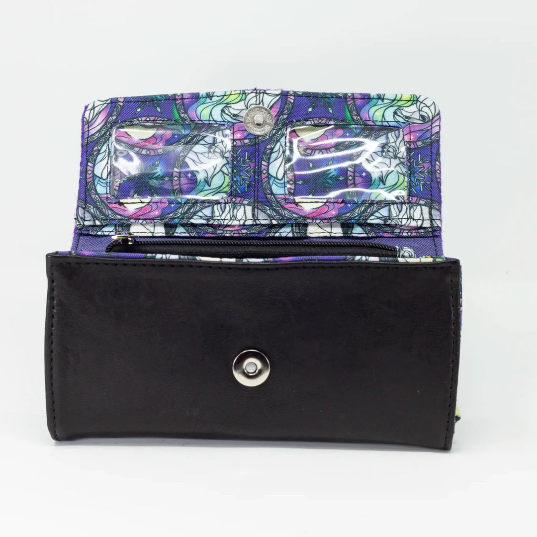 Aurora purse interior detail showing card slots and custom printed water-resistant lining