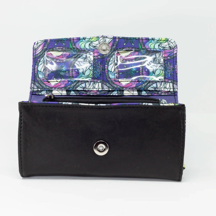 Aurora purse interior detail showing card slots and custom printed water-resistant lining