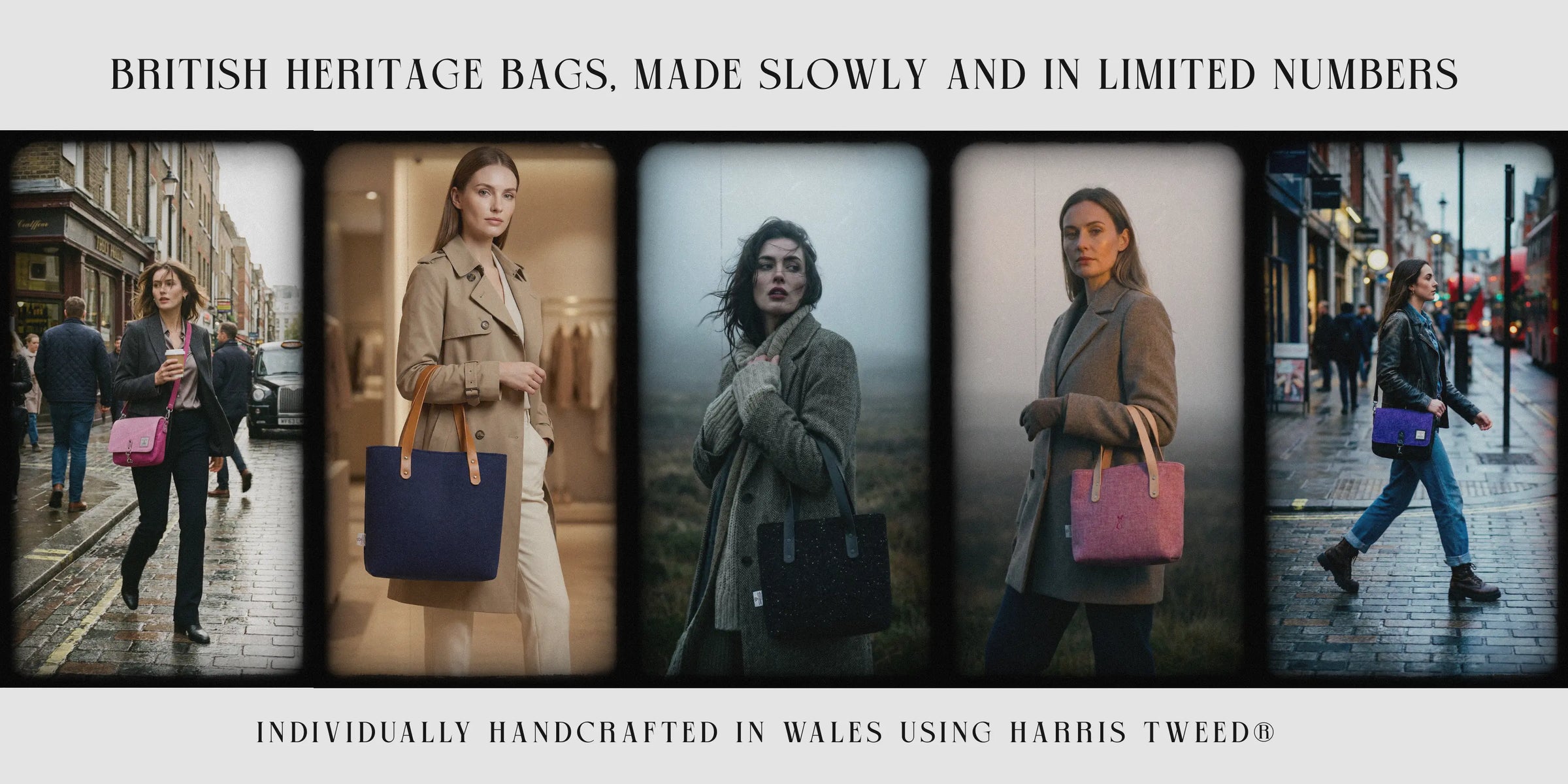 British heritage handbags made with Harris Tweed®, photographed in urban and rural UK settings.