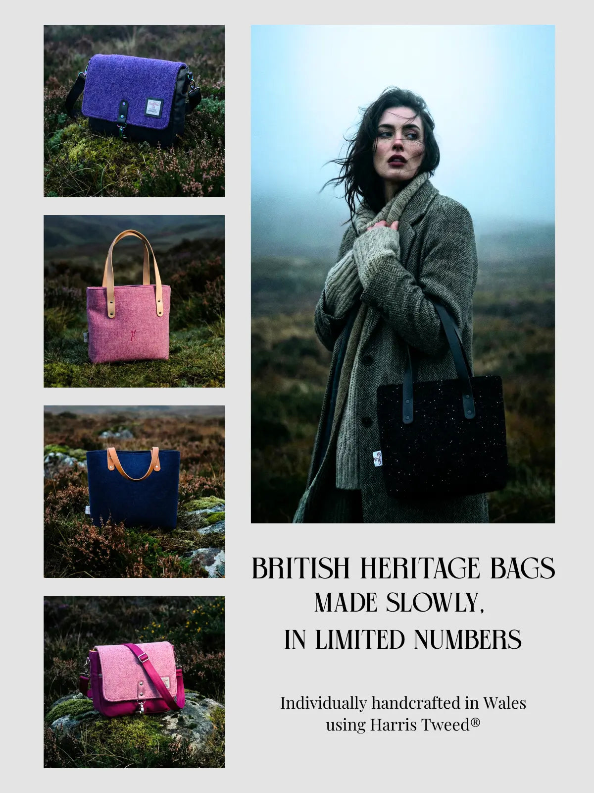 British heritage handbags made with Harris Tweed®, shown in lifestyle photography.