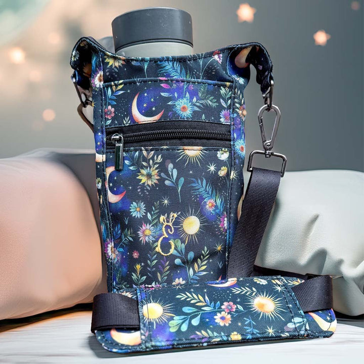 Handmade bottle bag with celestial moon and floral print, shown against a soft starry night-inspired background with natural light. Crafted in Wales by Emma Easter Handcrafted.