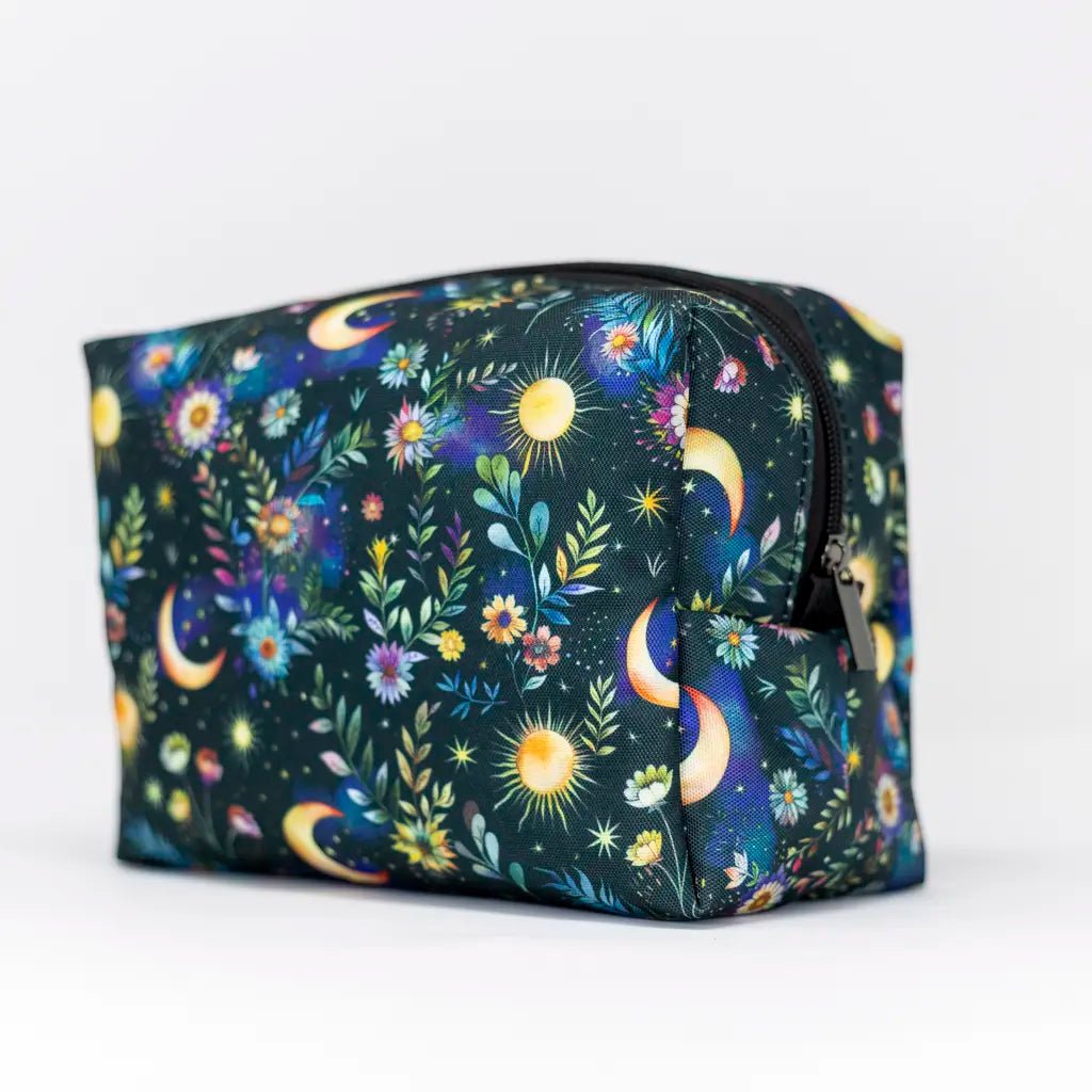 Celestial Bloom Makeup Organiser Bag with suns, moons, and wildflowers – handcrafted in Wales by Emma Easter Handcrafted
