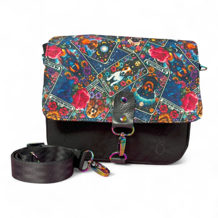 Dogs of Tarot crossbody bag with colourful tarot dog print and rainbow hardware, handcrafted and ideal for everyday essentials