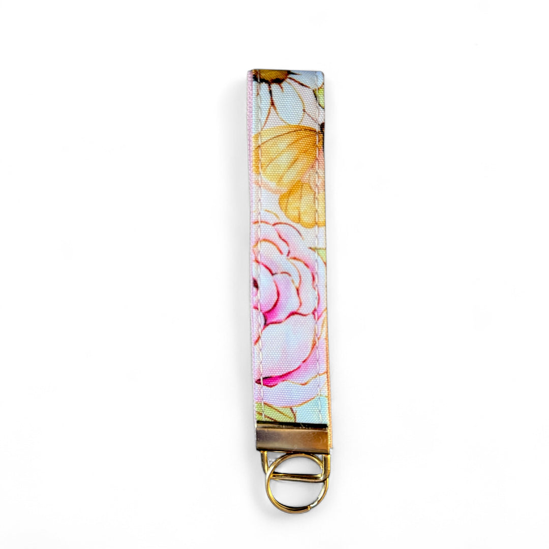 Handcrafted floral key fob | Emma Easter Handcrafted in Wales | Elegant wristlet with pink rose and daisy pattern
