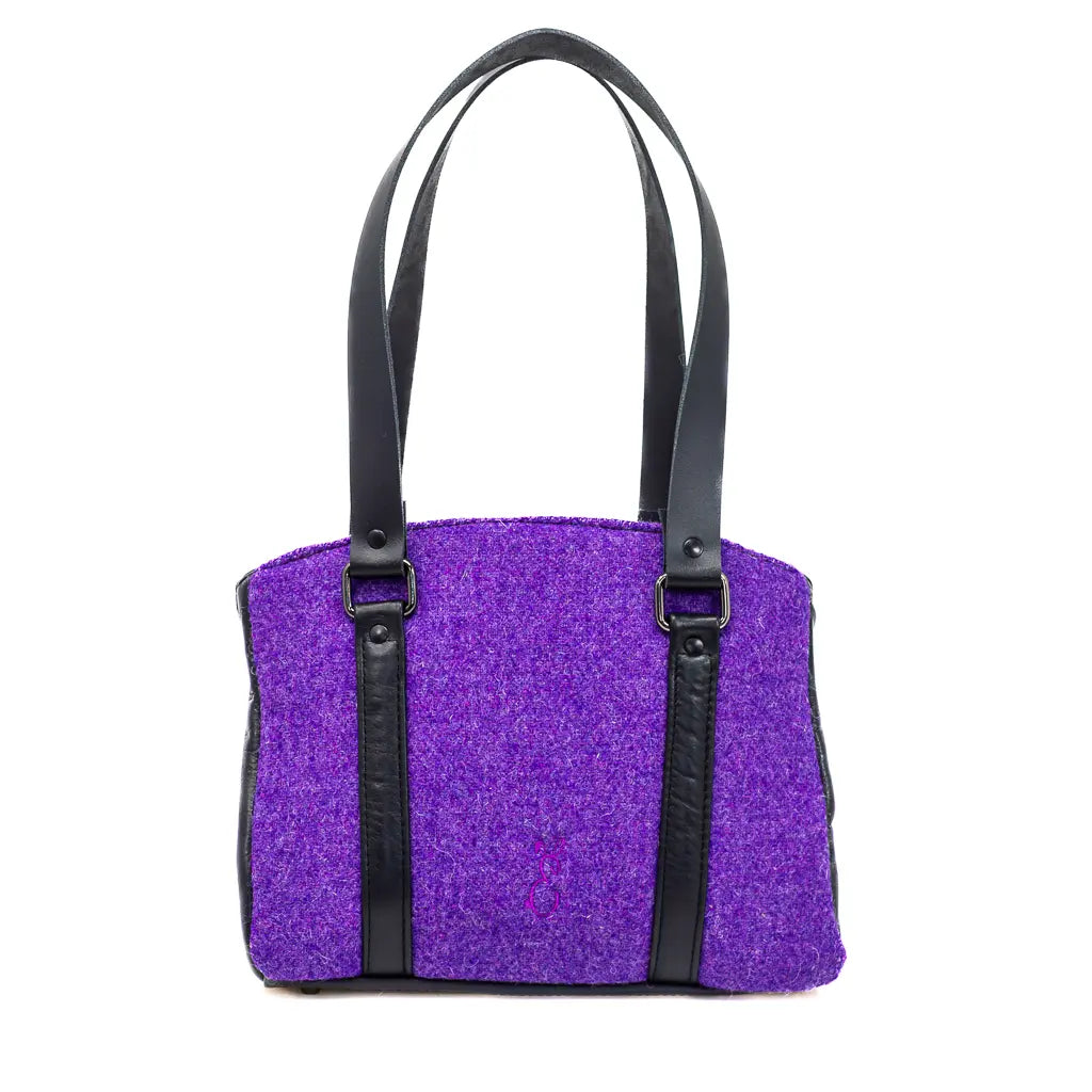 Back of the Rowena Harris Tweed® handbag in purple with structured design, handmade in Wales.