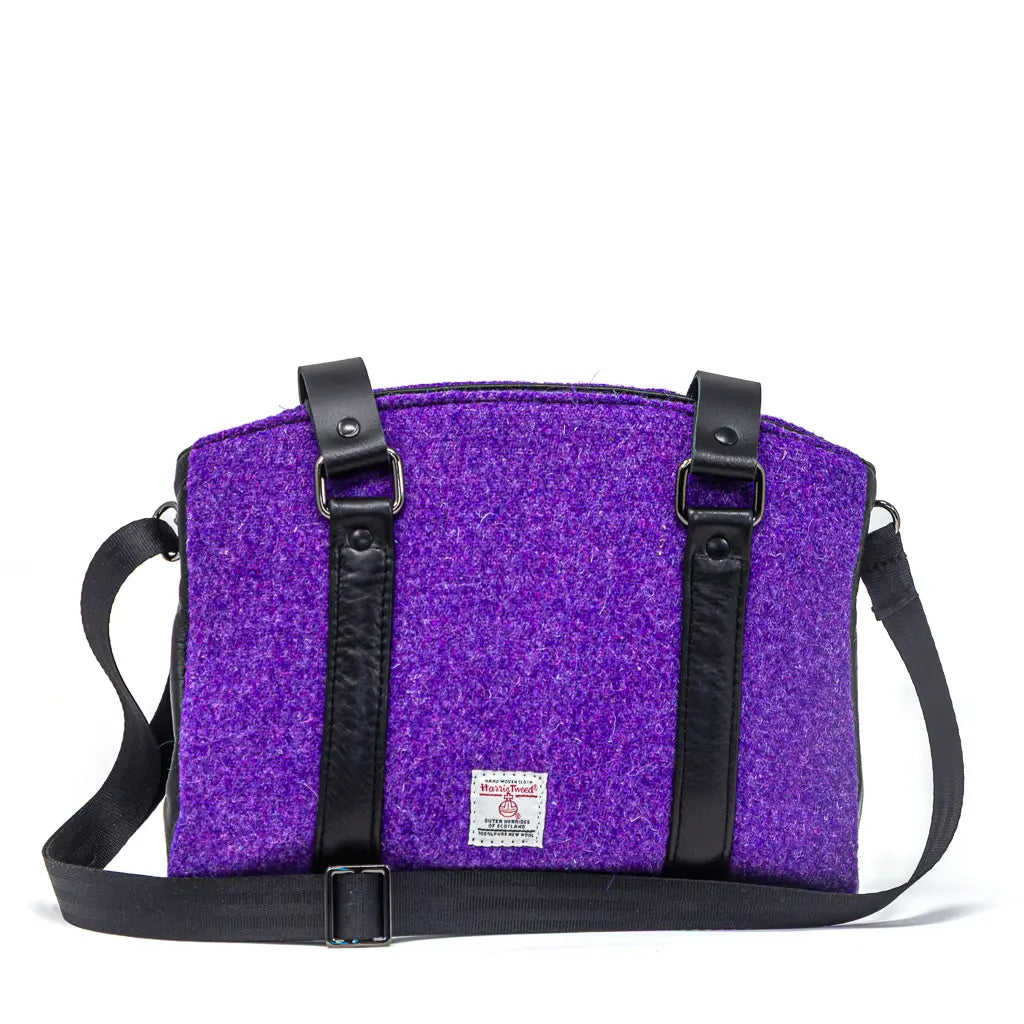 Rowena purple Harris Tweed® handbag styled with black leather, handcrafted in Wales by Emma Easter Handcrafted – lifestyle view.