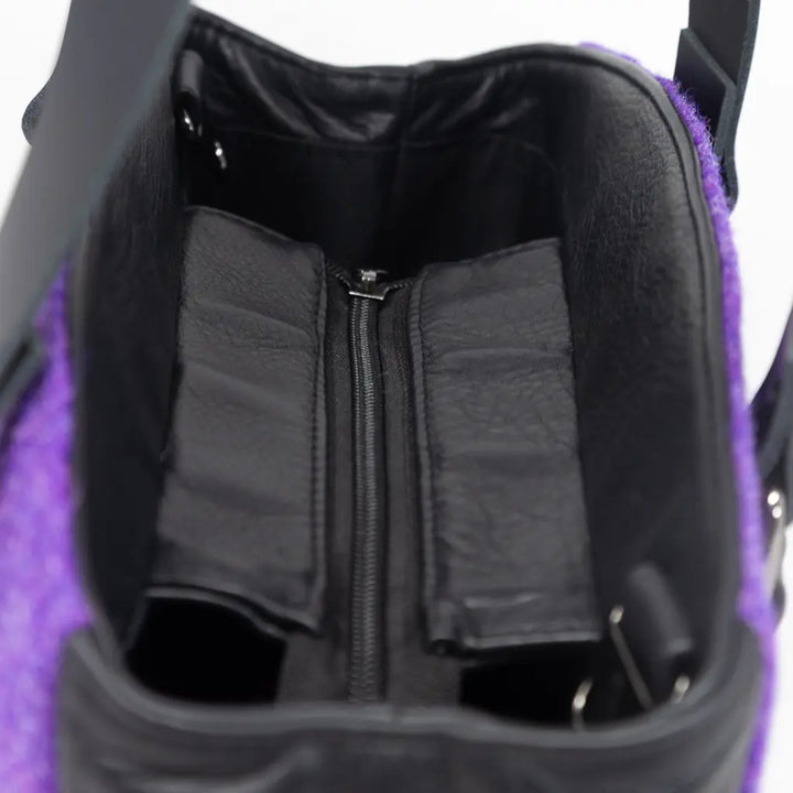Rowena Harris Tweed® handbag in purple with black leather trim, handcrafted in Wales by Emma Easter Handcrafted – zip closure view