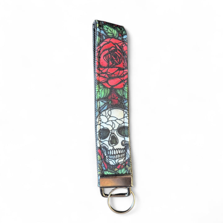 Handcrafted skull and roses gothic key fob | Emma Easter Handcrafted in Wales | Alternative wristlet with red rose and skull design
