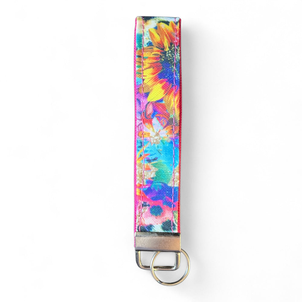 Handcrafted sunflower key fob | Emma Easter Handcrafted in Wales | Vibrant wristlet with bright floral pattern and pink edging