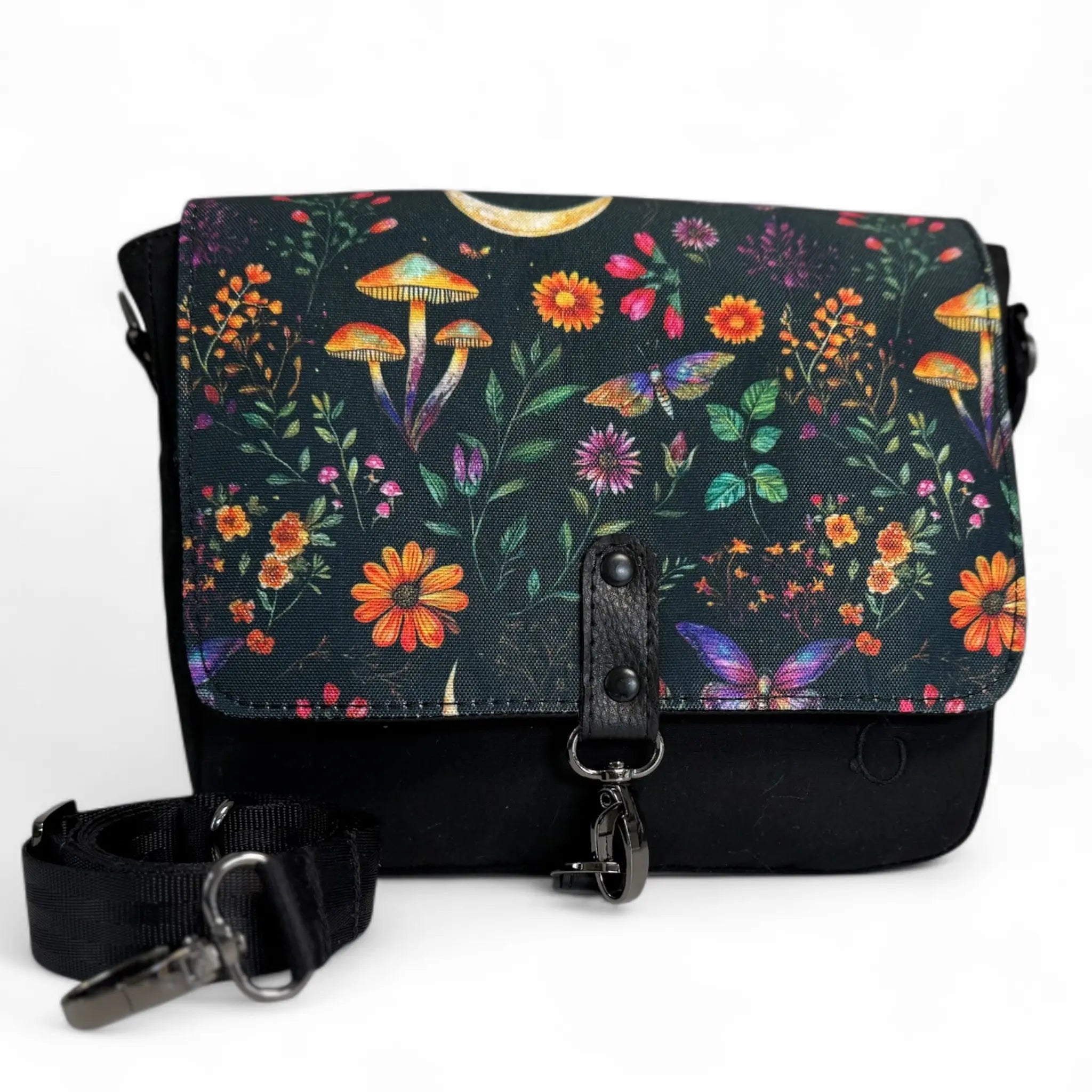 Handcrafted Enchanted Woodland vegan crossbody bag with custom printed water-resistant canvas flap, made in Wales by Emma Easter Handcrafted