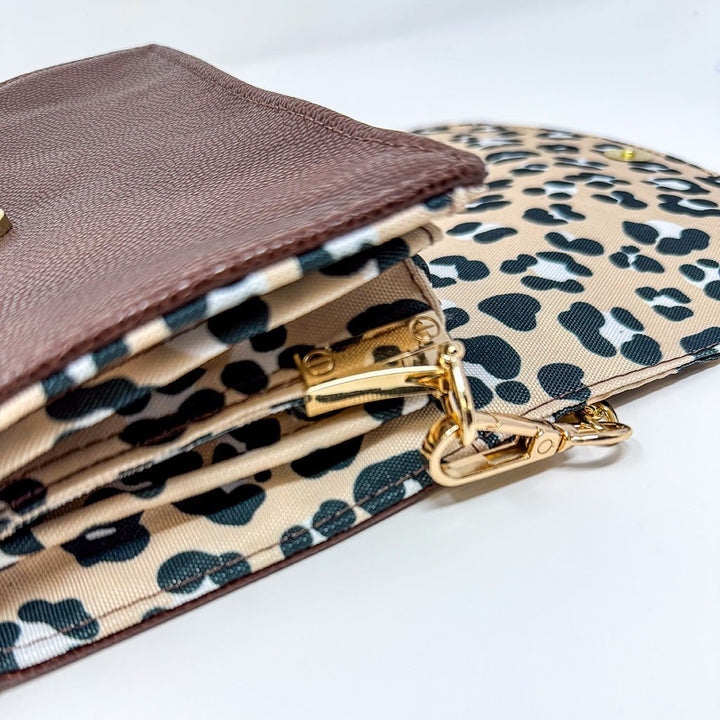 Handcrafted leopard print crossbody bag with brown leather and gold hardware clasp, made in Wales by Emma Easter Handcrafted