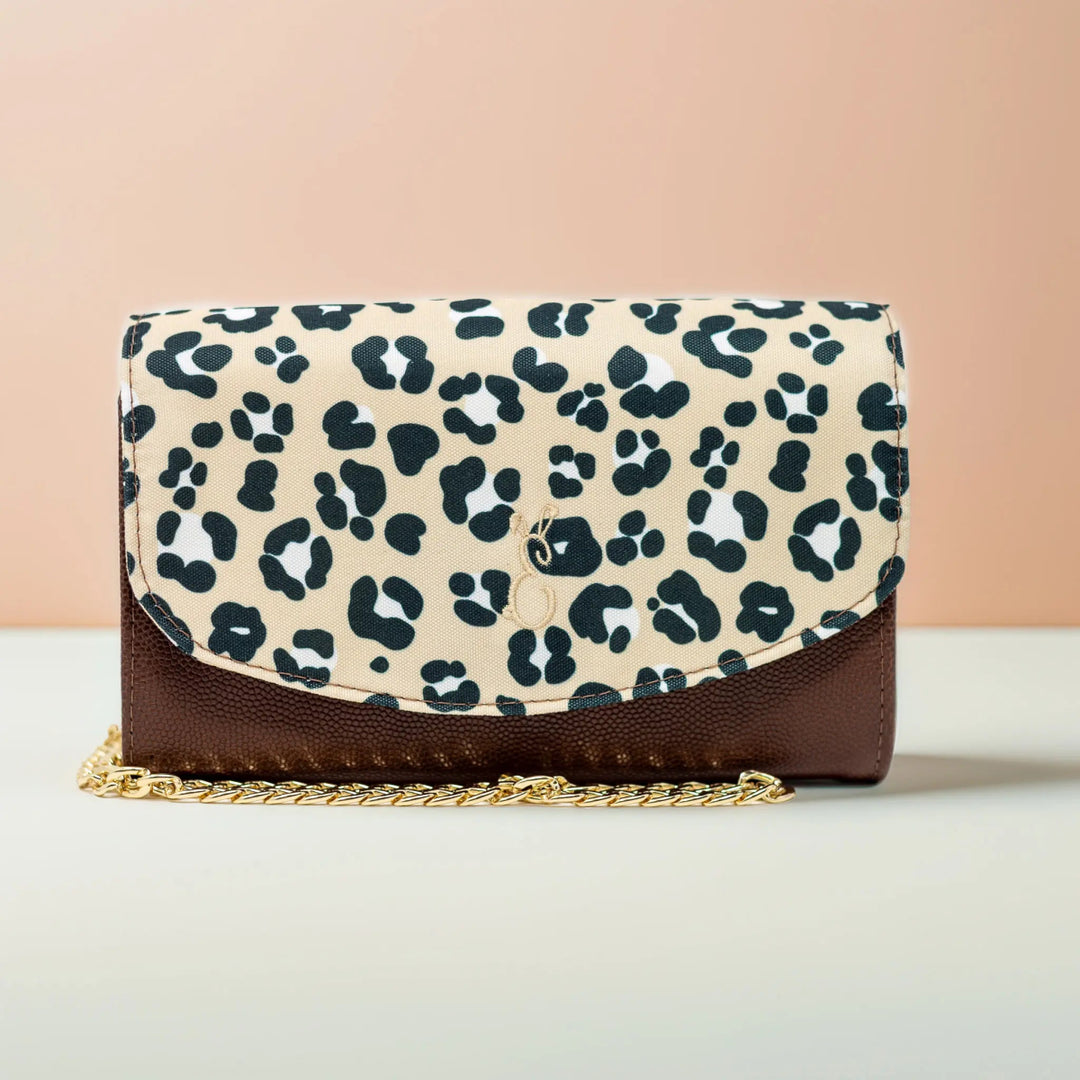 Leather Leopard print clutch bag with brown base and gold chain handcrafted in Wales by Emma Easter Handcrafted