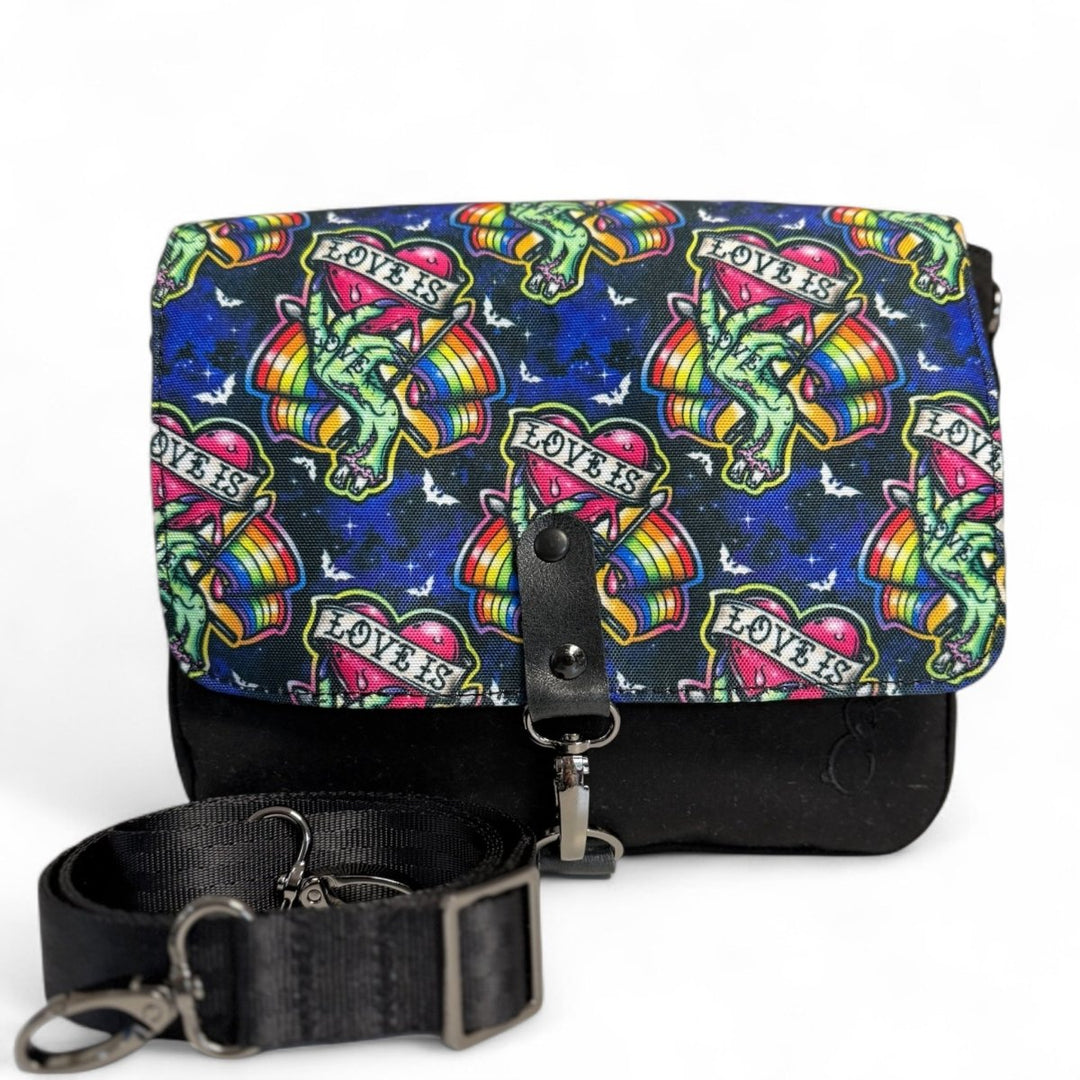 Love is Love zombie Pride crossbody bag with rainbow design and black leather accents, handcrafted in Wales