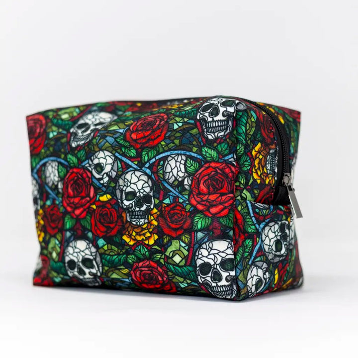 Memento Mori Makeup Organiser Bag with skull and rose print – handcrafted in Wales by Emma Easter Handcrafted