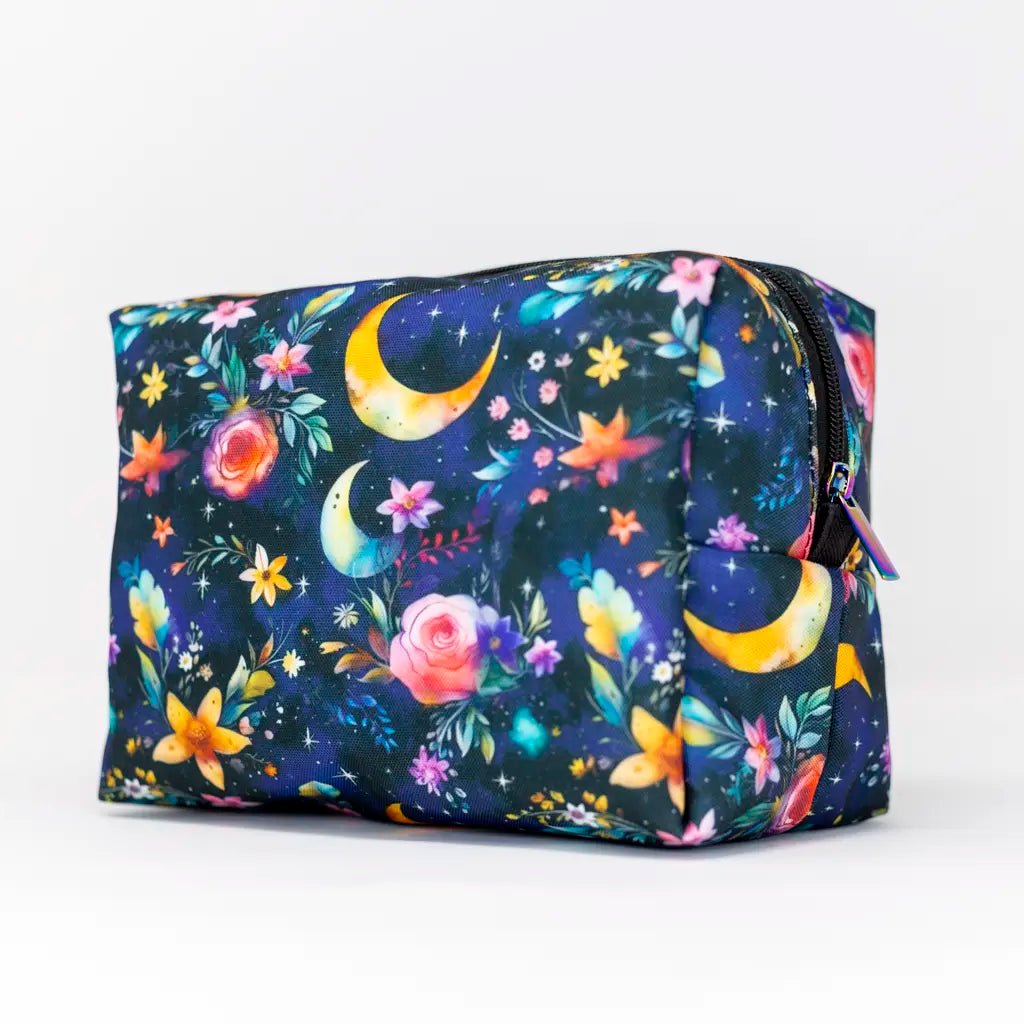 Mystic Garden Makeup Organiser Bag with celestial moons and florals – handcrafted in Wales by Emma Easter Handcrafted