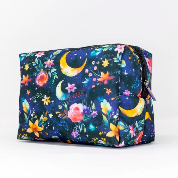 Mystic Garden Makeup Organiser Bag with celestial moons and florals – handcrafted in Wales by Emma Easter Handcrafted