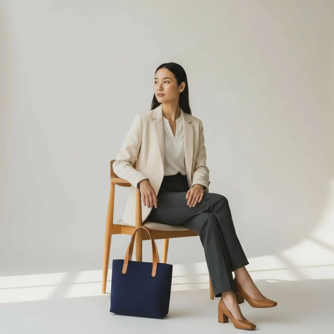 Woman sat on a chair wearing a beige blazer and dark grey trousers, a navy Harris Tweed® tote bag leans against the chair leg