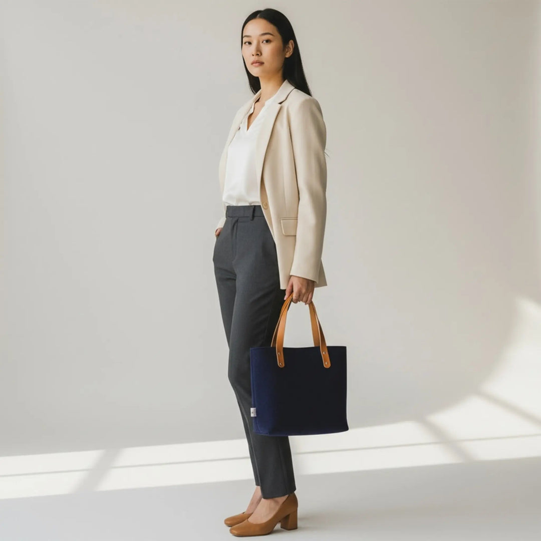 Navy Harris Tweed® tote bag shown side on, held by a woman wearing a cream blazer and tailored trousers in a white studio