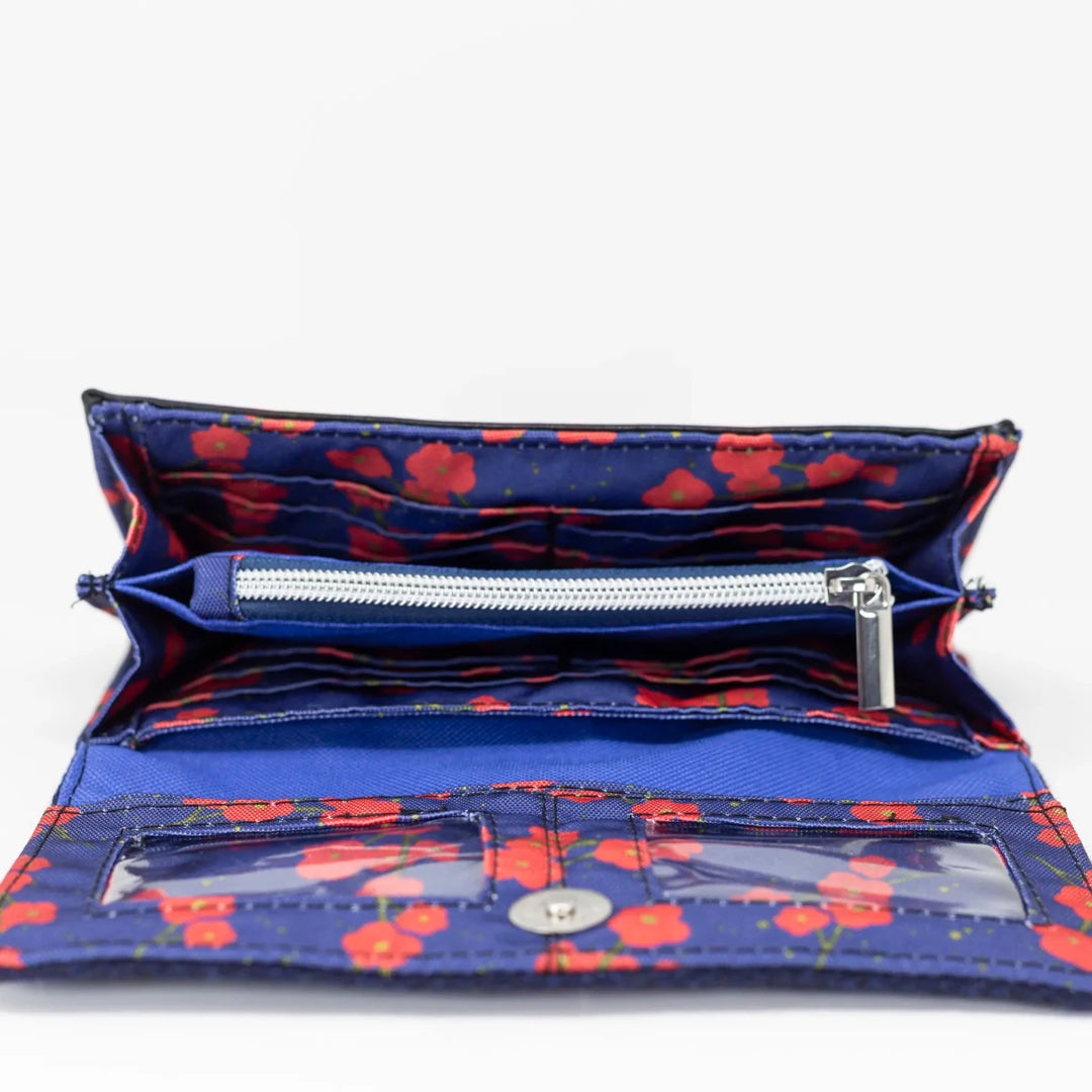 Interior of Navy Poppy leather purse with zip coin pocket and multiple card slots