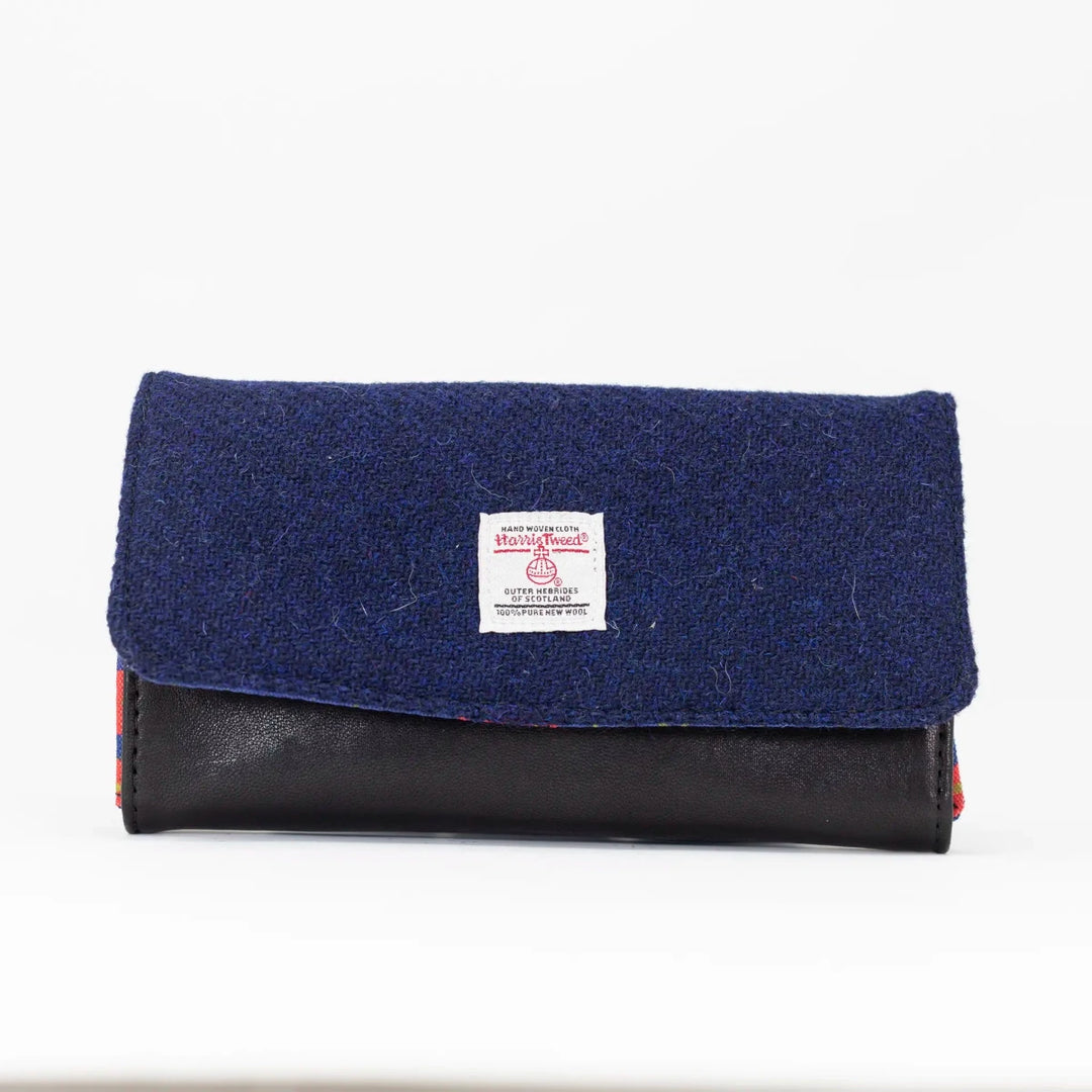 Navy Poppy leather purse with Harris Tweed® exterior flap and lambskin leather body