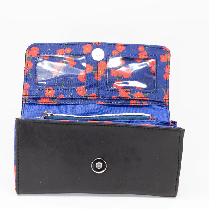 Navy Poppy purse interior showing card slots and clear ID windows