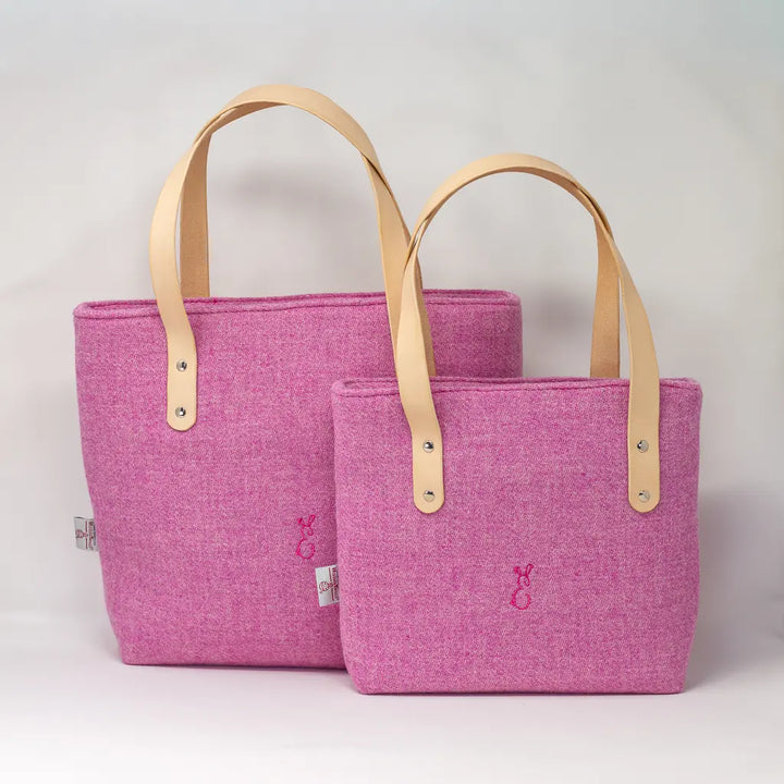 Set of two Penelope Harris Tweed pink tote bags in small and large sizes, with natural leather handles by Emma Easter Handcrafted