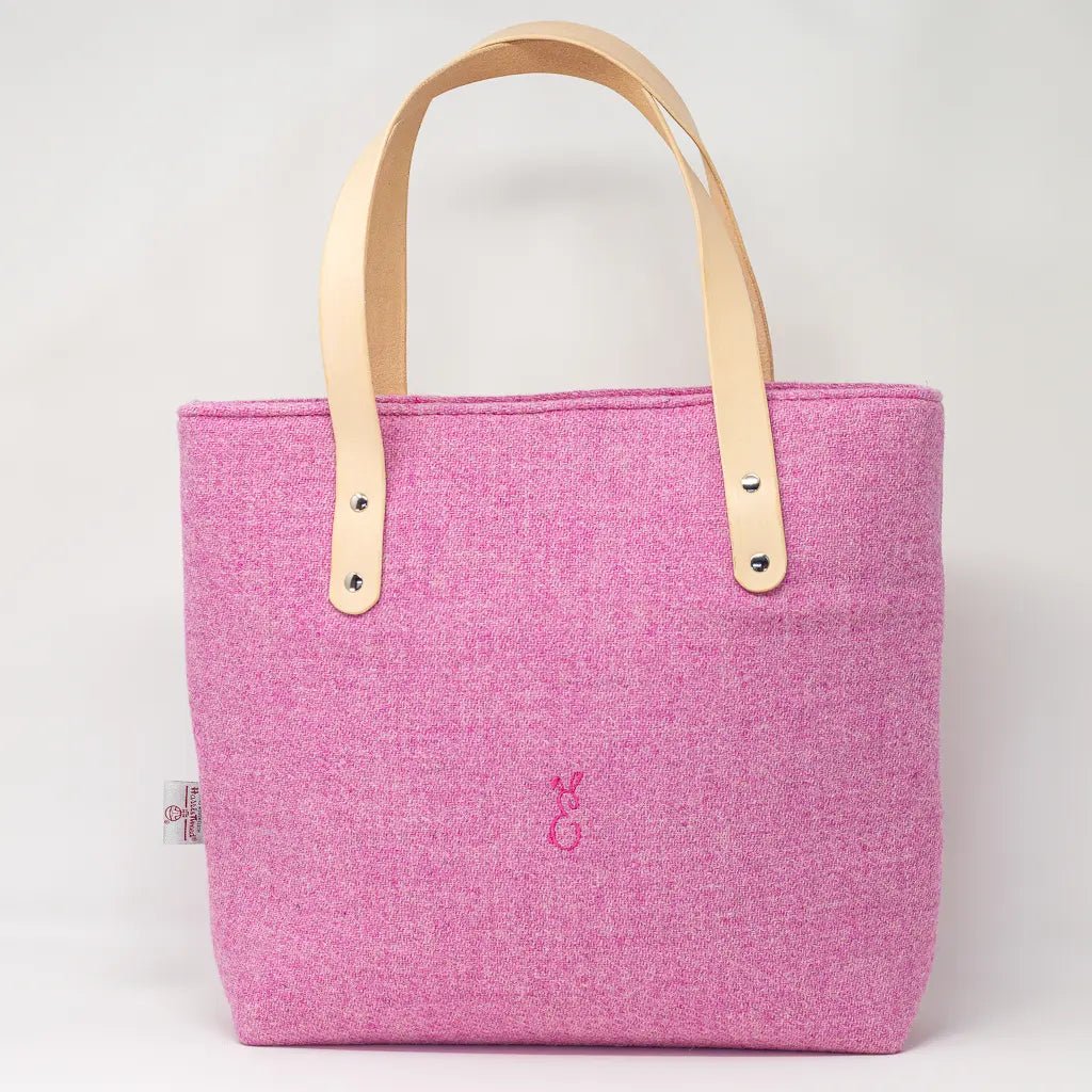  front view of the Penelope Harris Tweed pink tote bag, handcrafted in Wales by Emma Easter Handcrafted
