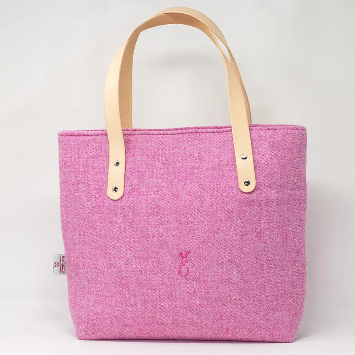  front view of the Penelope Harris Tweed pink tote bag, handcrafted in Wales by Emma Easter Handcrafted