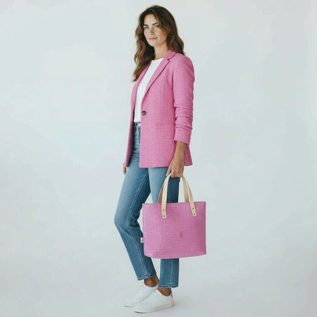 Woman standing in a white studio wearing jeans and a pink blazer, holding a large pink Harris Tweed® tote bag by her side