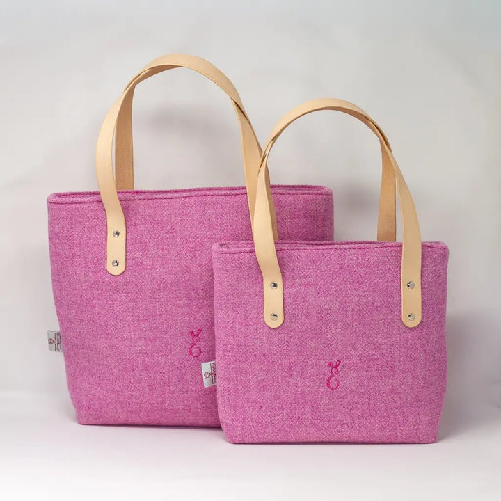Set of two Penelope Harris Tweed pink tote bags in small and large sizes, with natural leather handles by Emma Easter Handcrafted