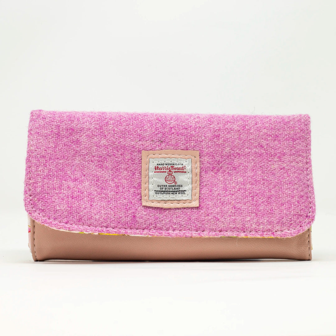 Penelope pink leather purse with Harris Tweed® cloth and Orb certification mark