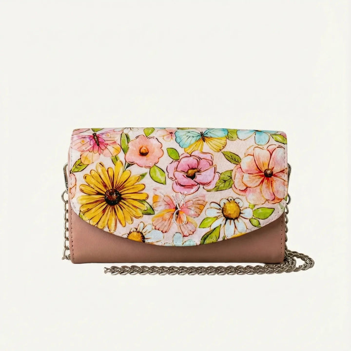 Prink Italian Leather handcrafted leather mini handbag featuring vibrant watercolour florals and butterflies. Made in Wales.